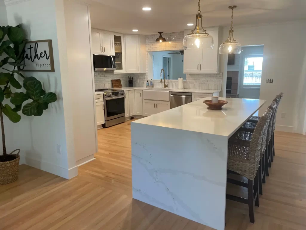 High-quality white shaker kitchen cabinets in a Palm Harbor home remodel.