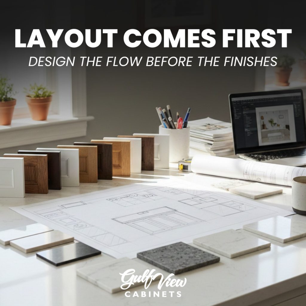 Hand-drawn kitchen design sketch for a semi-custom cabinet project in Palm Harbor FL.